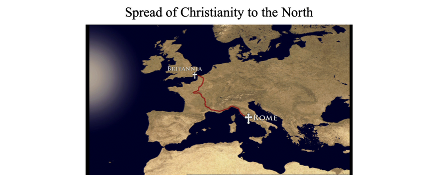 In the 6th Century, the Pope sent monks to convert Britannia (modern day England), already familiar with the religion through the Romans.  The Scandinavian countries converted between the 8th and the 12th centuries when the Vikings through their raids came into contact with Christians.  Christianised Viking rulers then forced conversions through the sword.